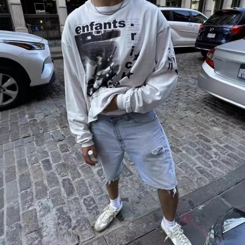 Mens Oversized Abstract Print Long Sleeve Tee Loose Fit Streetwear Casual Cotton Blend Top