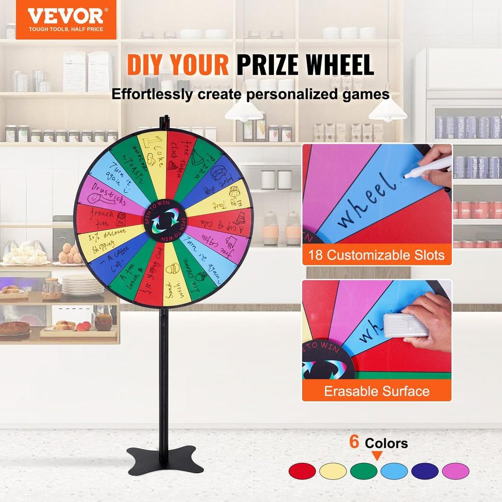 36 inch Spinning Prize Wheel, 18 Slots Spinning Wheel, Roulette Wheel with a Dry Erase and 2 Markers, Tabletop or Floor Standing Win Fortune Spin