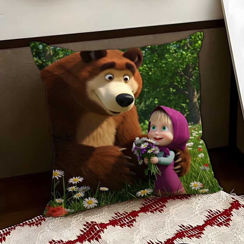 Cute MMasha and the BBear Cushion Cover Reversible Soft Durable Pillow Cover Home  Car MultiScene Use for Daily Comfort