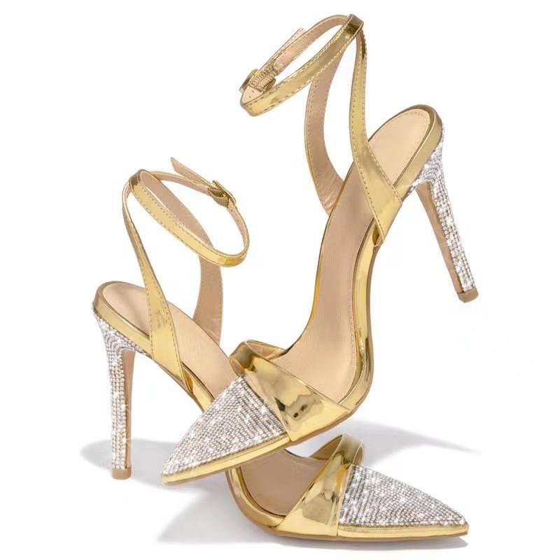 Fashion New Elegant Party Sandals Women Wedding Banquet Shoes Sexy Crystal Rhinestones Pointed Toe Stripper High Heels Gold Sandalias