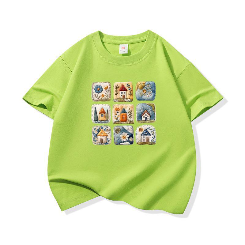 Kids Cotton T Shirt Cute Retro House Print Crew Neck Short Sleeve Tee Casual Breathable Boys Girls Summer Tops