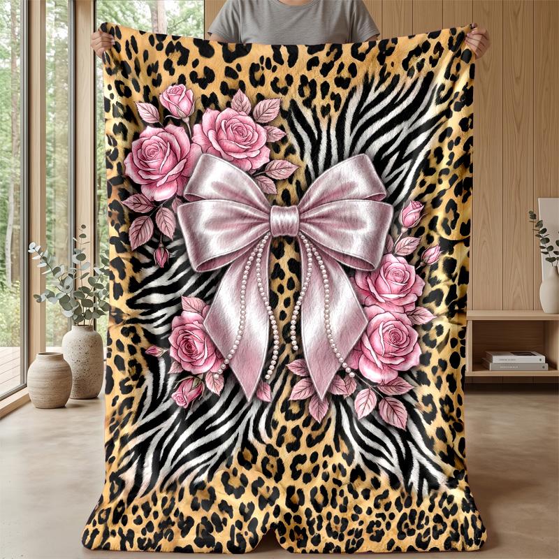 Pink Roses and Bow on Animal Print 1 Theme blanket Lightweight Warm Flannel Blanket Decorative Throw Blanket for Home Decoration