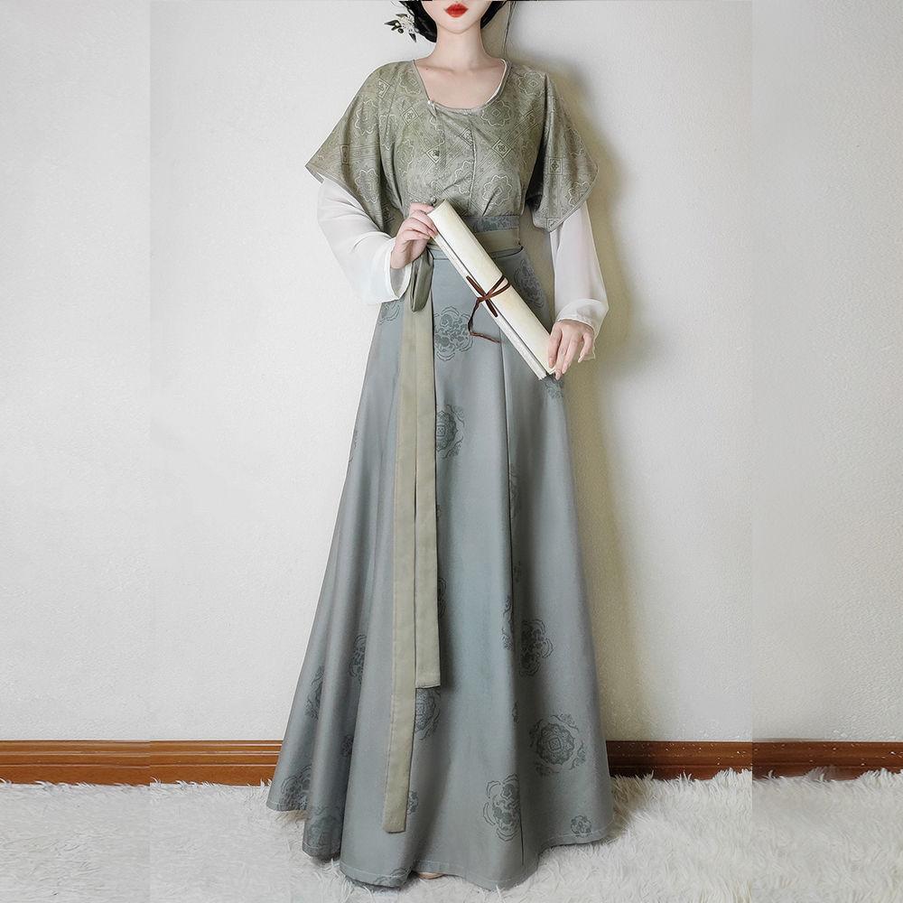 Chinese Tang Dynasty Style Hanfu Dunhuang Printed Round Neck Shirt Waist High One-piece Skirt Set For Women