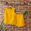 Women's Summer Round Neck Sleeveless Button Pockets Solid Color Loose Tops and Shorts Two-piece Set