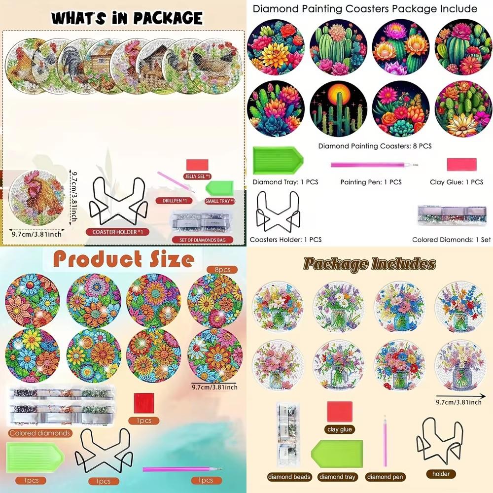 8 шт./набор подставок под стакан с вышитыми цветами в виде шаров, расписанных алмазами, с держателем, подставка под стакан своими руками для начинающих и взрослых, товары для творчества и рукоделия в подарок