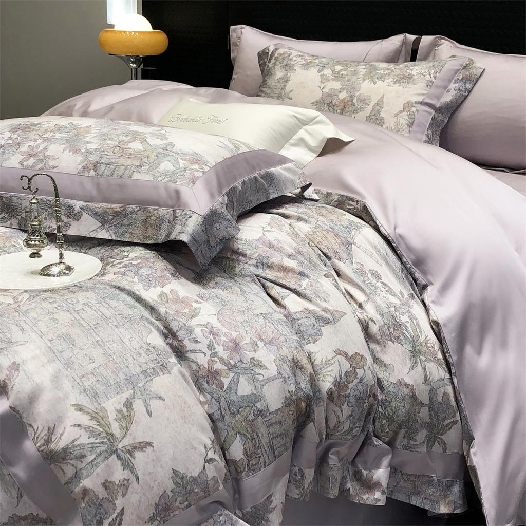 High count light luxury satin digital printed Tencel cotton four piece set