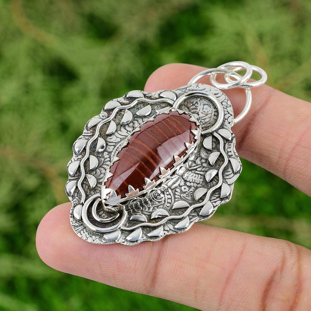 Daughters Day Sale 925 Silver Red Snakeskin Jasper Stone Art Deco Unique Pendant