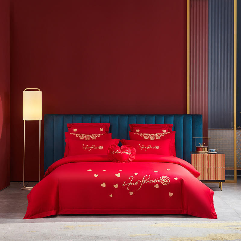 Комплект из четырех предметов с свадебной вышивкой, красное свадебное одеяло, постельное белье, свадебное пододеяльник, простыни, постельное белье для молодоженов, комплект из шести предметов для свадебной кровати