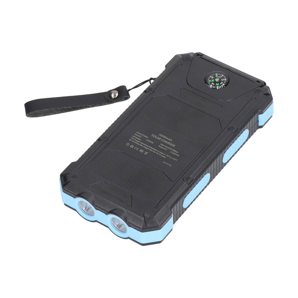 Portable Solar Power Bank 30000mAh Blue Solar Power Bank with LED Camping Flashlight for Outdoor