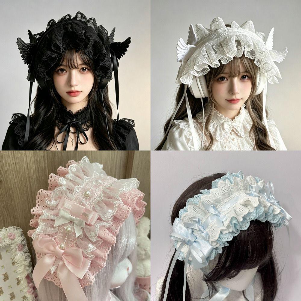 Ribbon Bowknot Cosplay Headdress Lace Hair Band New Lolita Wing Angel Headband  Hair Accessories