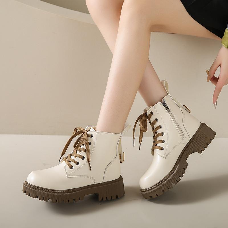 Мода 2024 Обувь для женщин На шнуровке На молнии Женские ботинки Осень Круглый носок Однотонные Короткое голенище Платформа Водонепроницаемые Модные ботинки