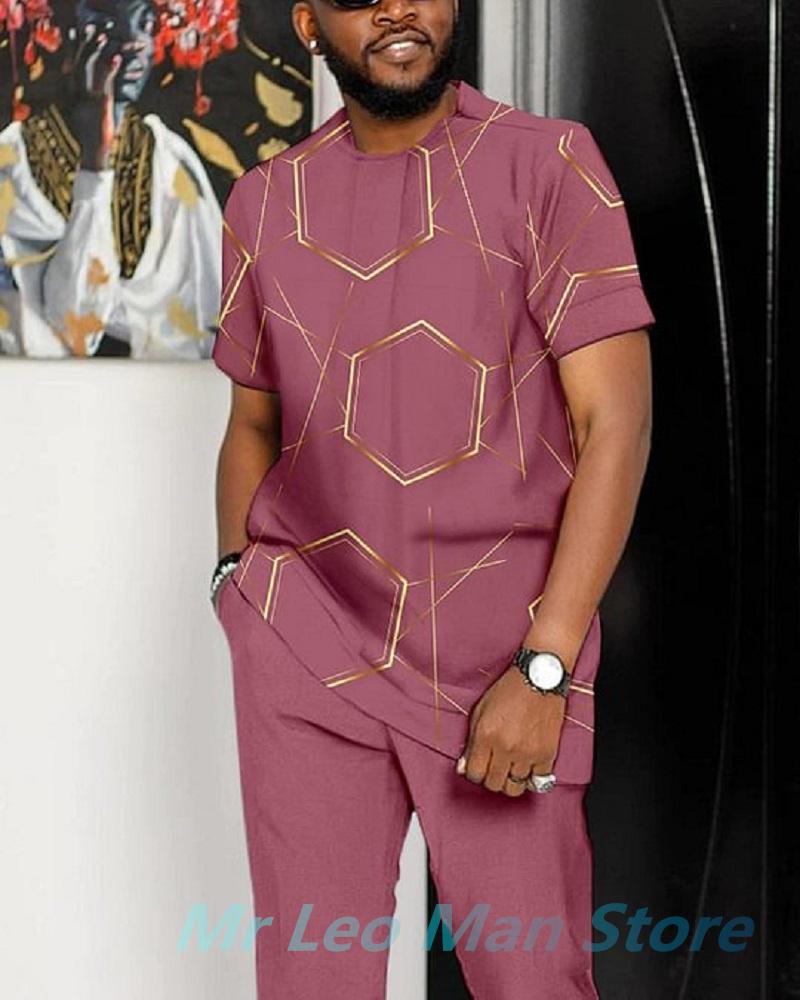 Африканский мужской комплект, летний дизайн, спортивный костюм, брюки, 2 предмета, футболка с коротким рукавом и длинными брюками, уличная мужская одежда