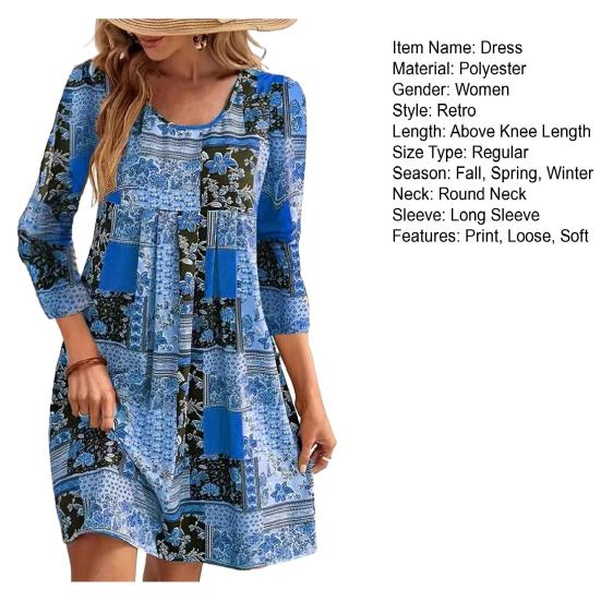 Женское весеннее платье в стиле ретро с этническим принтом, длинным рукавом и круглым вырезом, свободный пуловер, мягкий дышащий женский мини-платье длиной выше колена