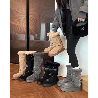 Женские зимние утепленные сноубутсы на толстой подошве, с увеличенной высотой, нескользящие, износостойкие, для активного отдыха, спортивные, длинные хлопковые сапоги