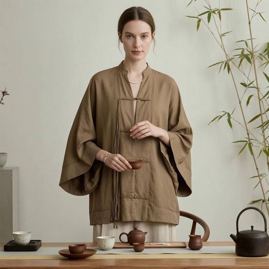Handmade Button Shirt Women Stand Collar Shirt, Chinese Frog Blouse for Early Summer Casual Outfit Fall, Loose Solid Color Long Sleeve Top Spring Wear