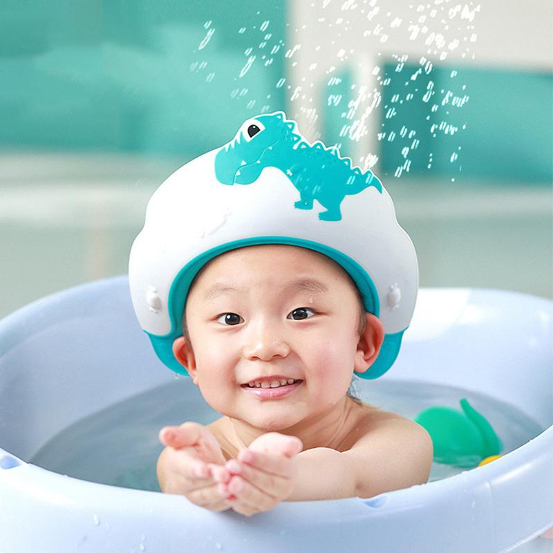 Детская шапочка для шампуня для мытья волос с изображением динозавра, силиконовая защита глаз и ушей