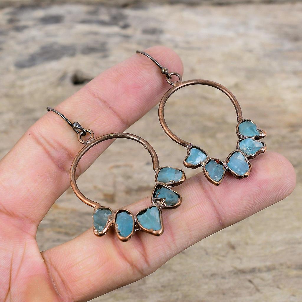 Грубые серьги с аквамарином, медные серьги, изготовленные методом гальванопластики, серьги с драгоценными камнями, ювелирные изделия, серьги ручной работы, подарок для женщин, медные украшения