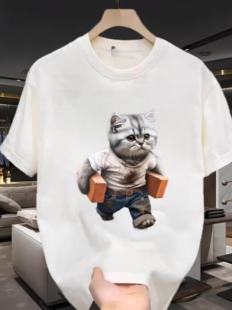 25 New Solid Color Round Neck Short-sleeved T-shirt Men's Summer Cat Print Pure Cotton Couple's Versatile Super Fire Street Top