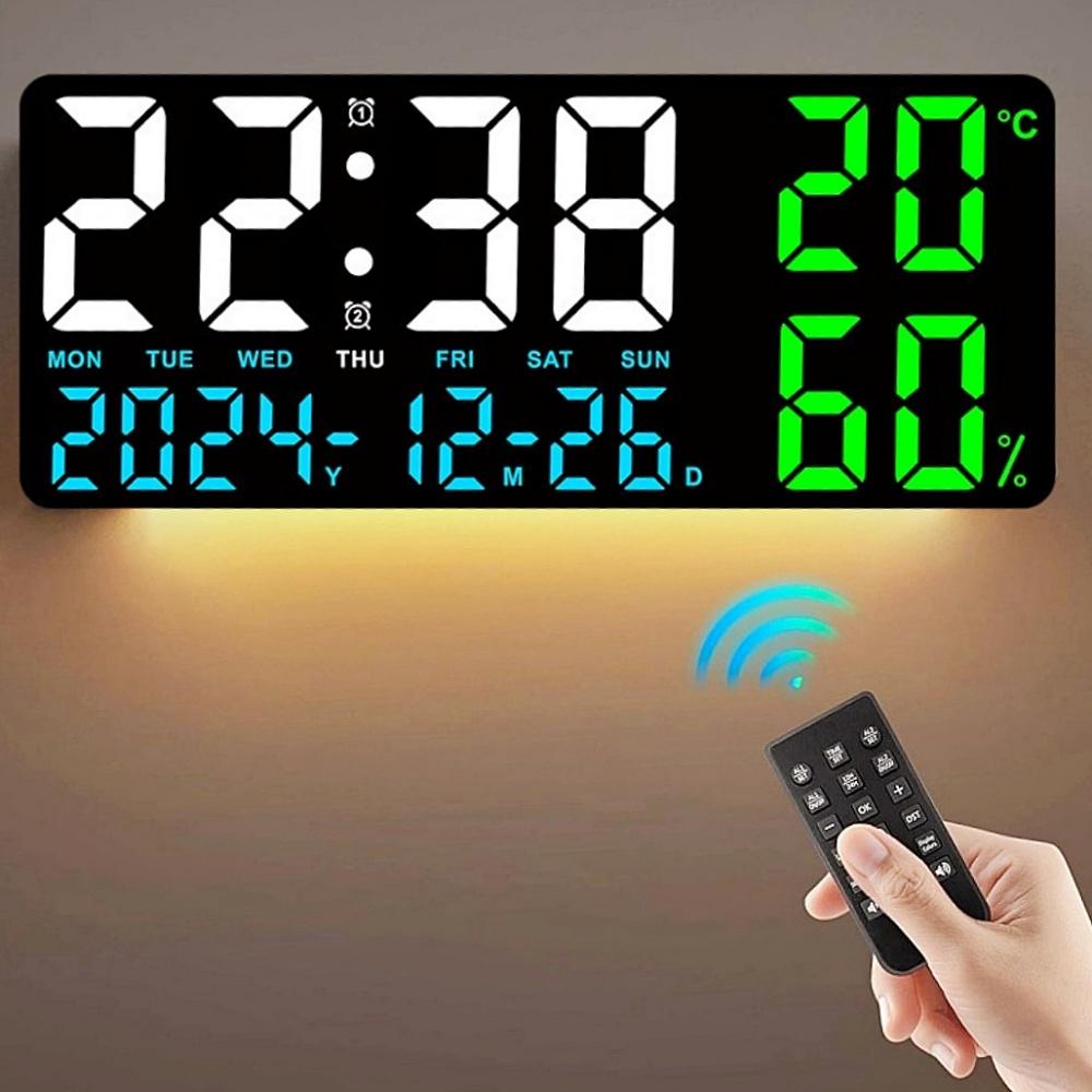Large Digital Wall Clock with 7Colors Mood Light Remote Control Dual Alarm Timing Countdown Table Clock 12/24H Auto Dimmable LED Alarm Clock