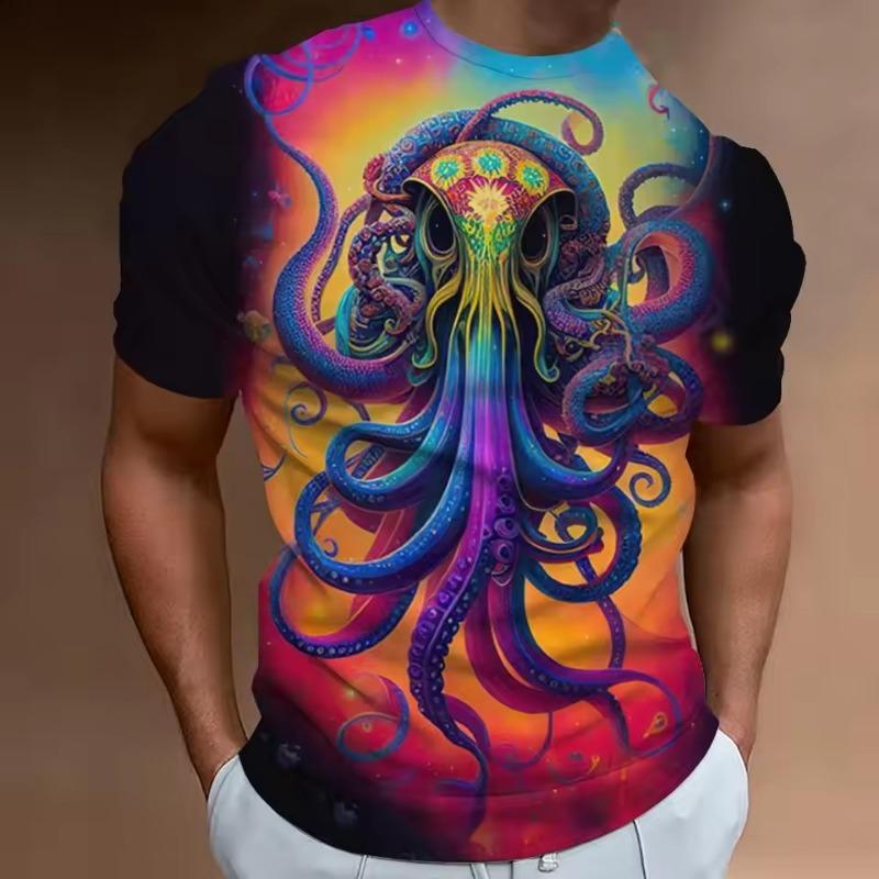 Мужская новая летняя футболка с коротким рукавом и 3d-принтом Hd с круглым вырезом и принтом «Океан», осьминог, индивидуальный ретро, ​​свободный топ больших размеров