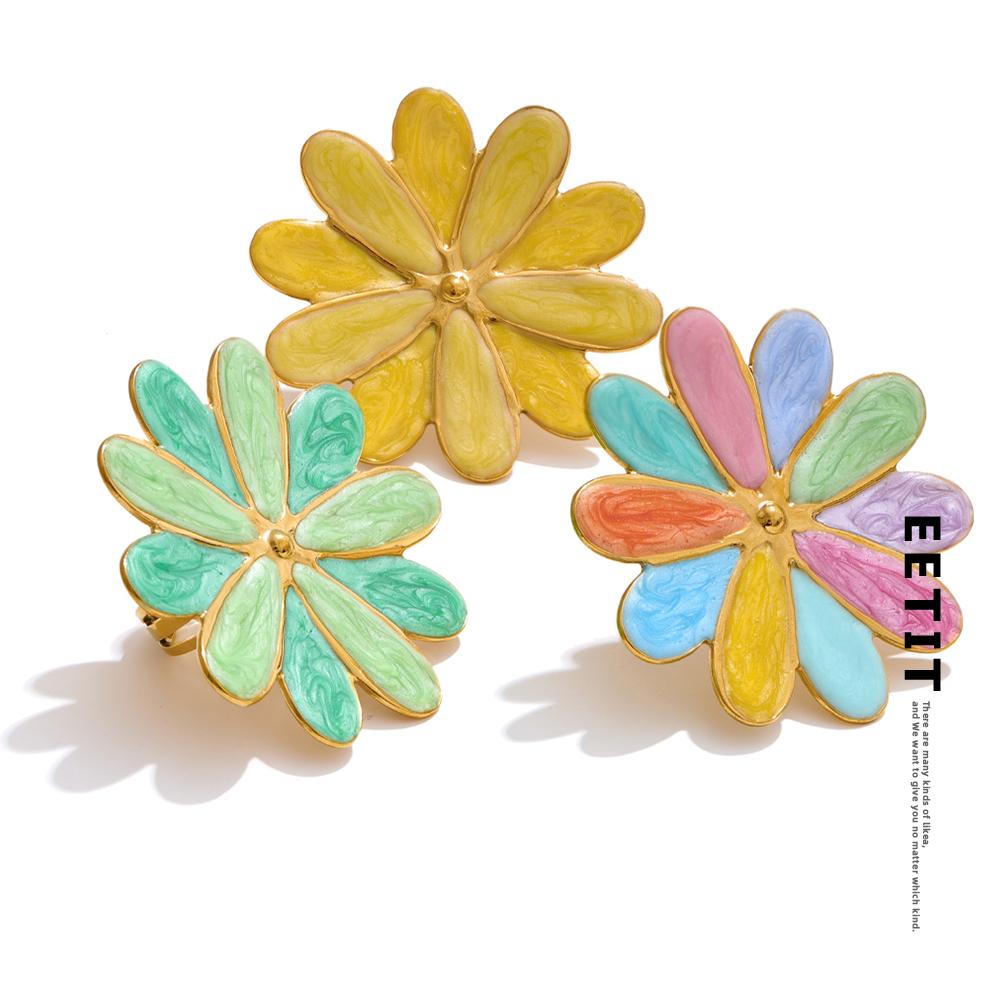 Eetit Trendy Colorful Enamel Flower Y2K Golden Ring for Women Summer Daily Stainless Steel Trendy Adjustable Finger Jewelry Gift