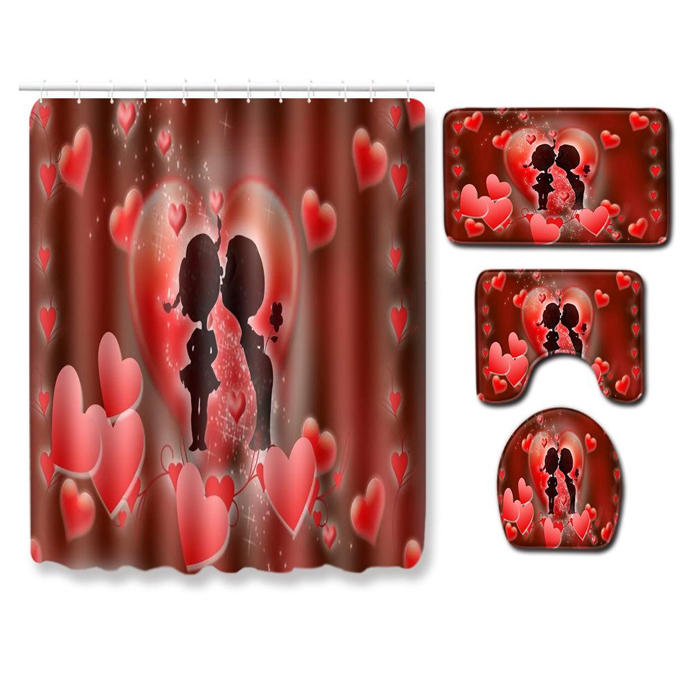 Valentine'S Day Toilet Shower Curtain Four-Piece Printed Floor Mat Set Bathroom Floor Mat Bedroom Absorbent Door Mat Carpet