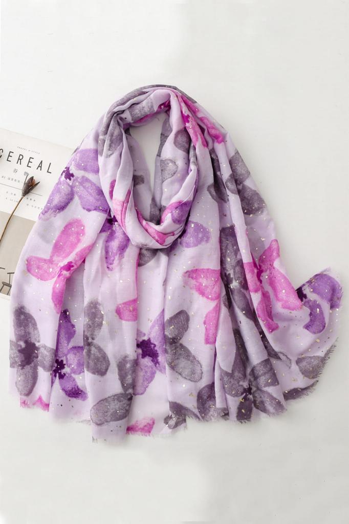 Purple and Pink Shawl with Flowers and Particles - Light and Feminine, 180x90
