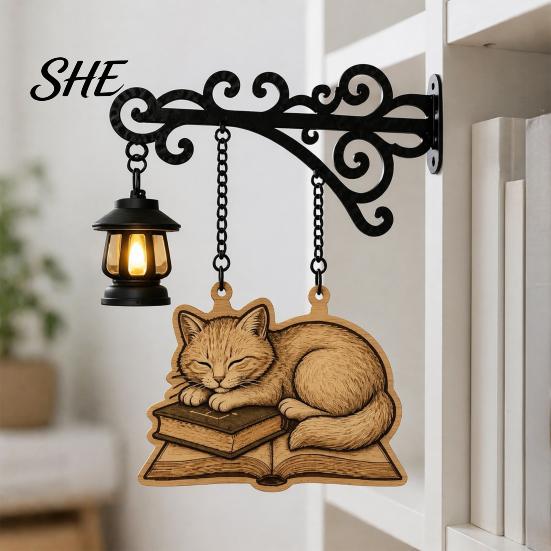 Unique Craft Gifts for Students Vintage Bookshelf Light with Cat Sleeping on Book Design, Retro Lantern Atmospheric Bedside Night Lamp Reading,