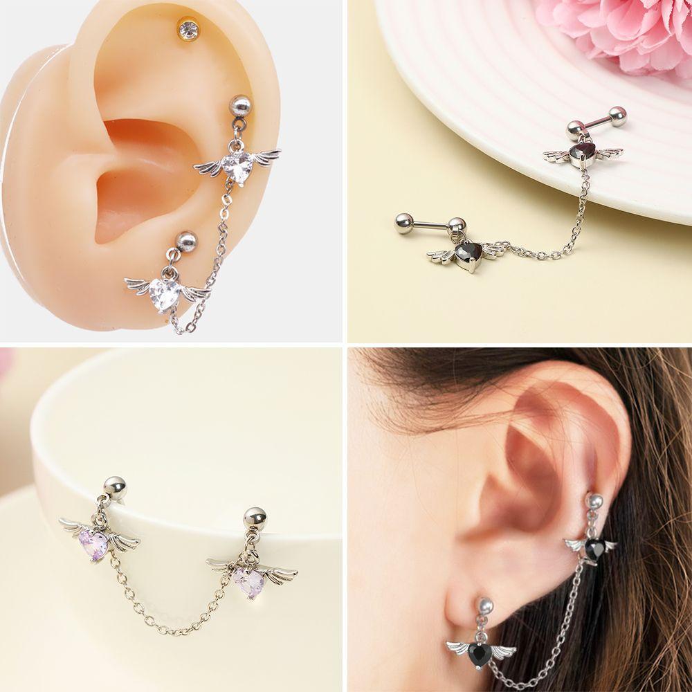 Women Girls 1.2mm Cartilage Earring Studs Helix Piercing Earring Angel Wings Heart Double Lobe