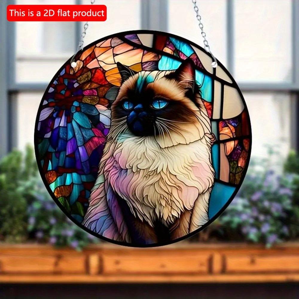 1pc 2d Flat Wood Animals Panda Print Stained Window Suncatcher Home Room Wall Decor Cat Pattern Wooden Sign - 20cm Round Wooden Hanging Pendant DIY