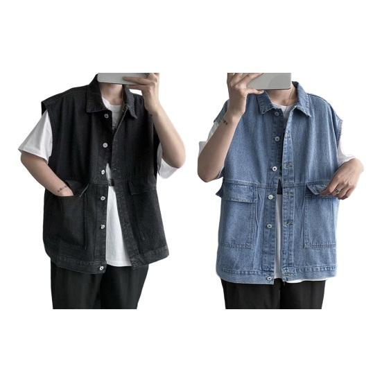Мужской летний джинсовый жилет, однобортный джинсовый жилет без рукавов с лацканами, однобортный дизайн с большими карманами, потертый жилет-карго