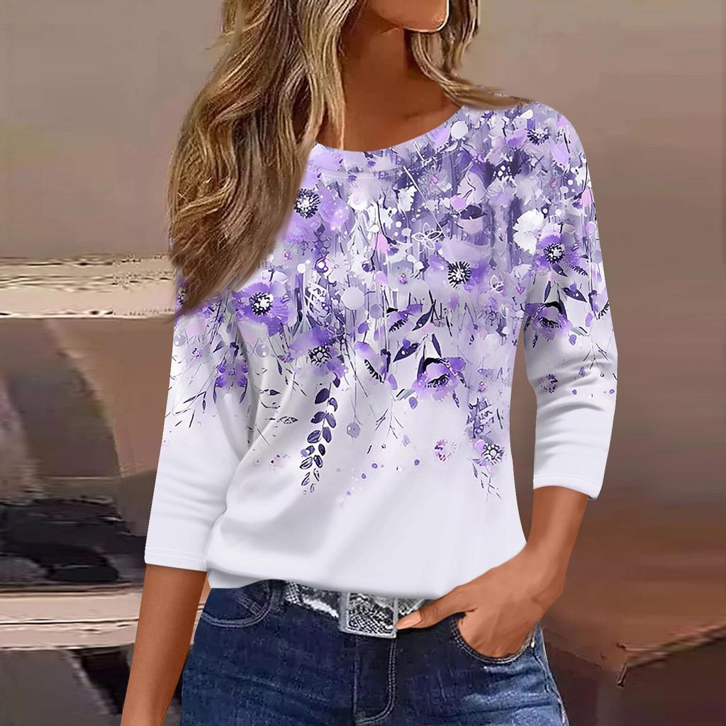 Women's Casual And Fashionable Floral Print Round Neck Top With Seven Quarter Sleeves And Loose Fit Top