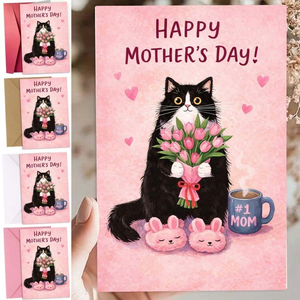 Cats Holding Pink Tulips Mother's Day Greeting Card Blessing Message Whimsical Card Wedding Decor