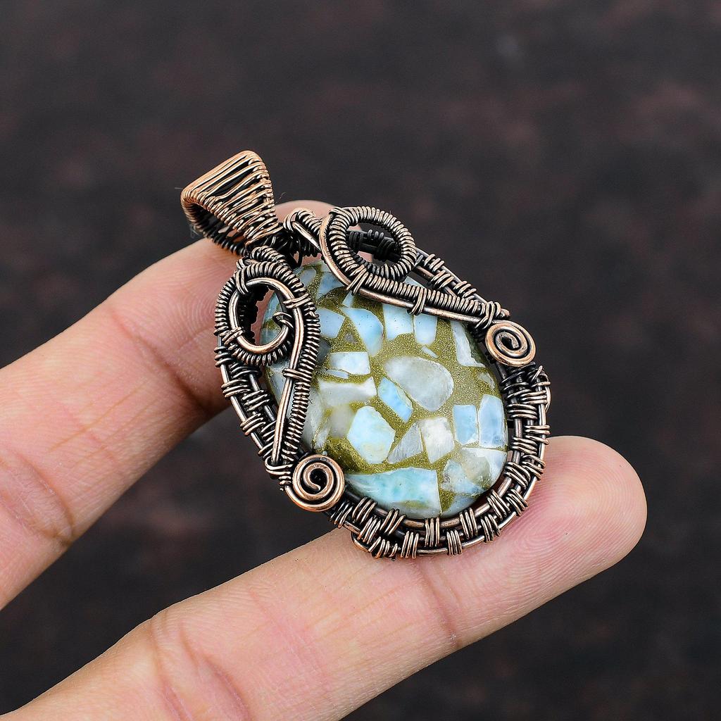 Медный кулон Ларимар, кулон из медной проволоки, медные украшения ручной работы, стильный кулон, ювелирные изделия из проволочной обертки, кулон с драгоценным камнем, подарок для него