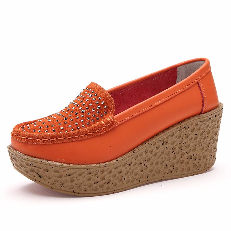 Женские туфли из натуральной кожи на танкетке, женские туфли без шнуровки на плоской подошве с кристаллами, высокий каблук 7 см, толстая подошва, повседневные лоферы на мелкой подошве, новинка