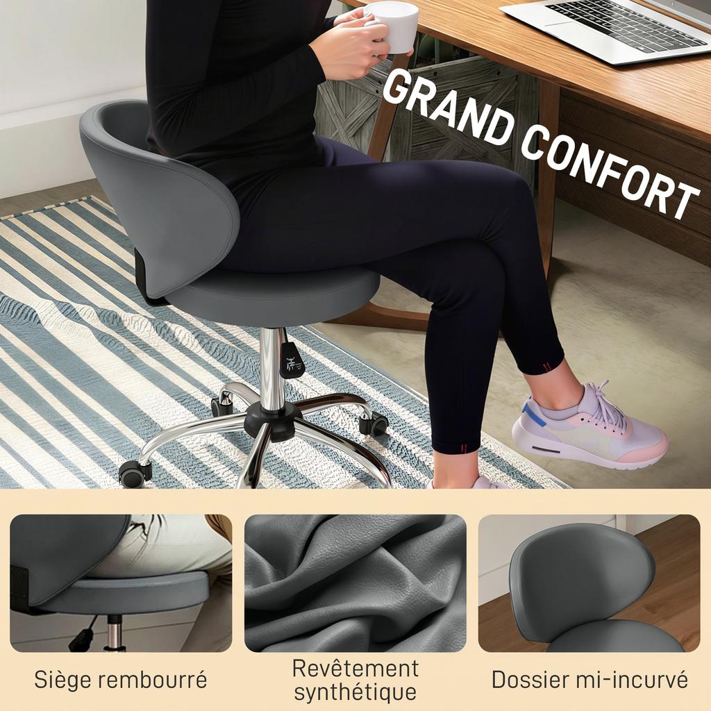 Stool on Casters, PU Massage Stool with Adjustable Height 73-88 cm and Backrest, 360 degrees Swivel, Grey