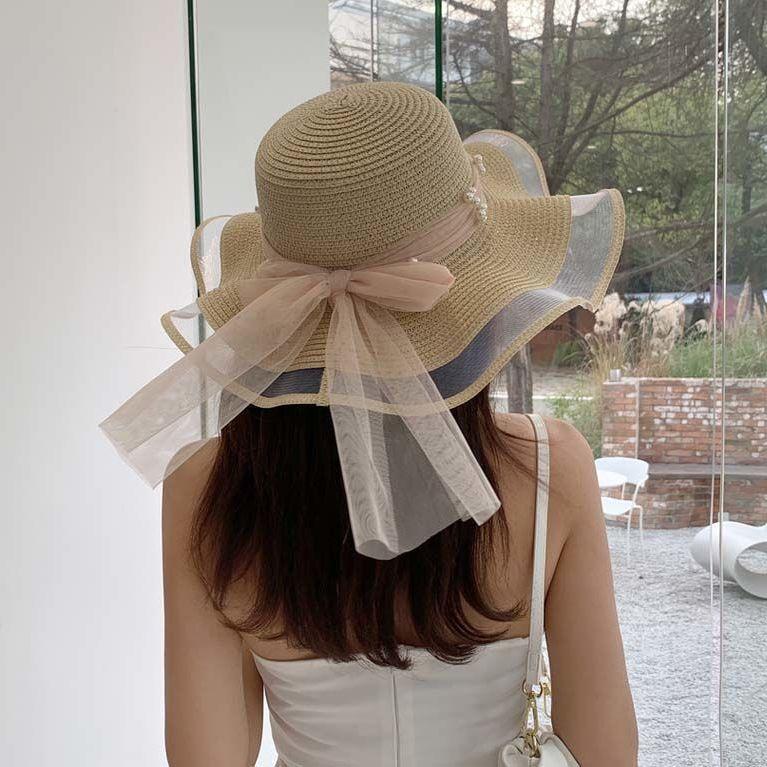 Straw Hat Women's Summer Women's Big Brim Hat Korean Version Versatile Pearl Casual Sunscreen Beach Hat