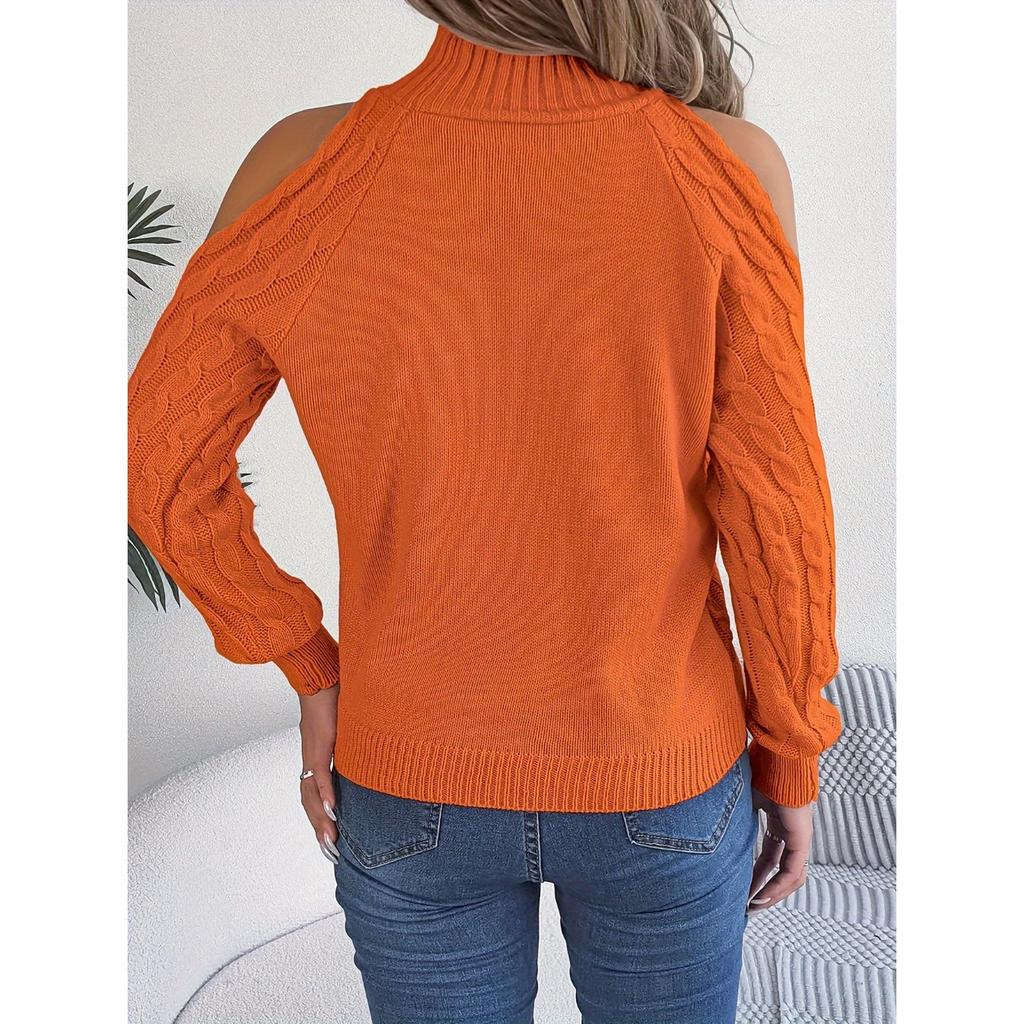 QICED Autumn and Winter Casual Twist Off-the-shoulder Semi-high Neck Long-sleeved Pullover Sweater Women's Wear