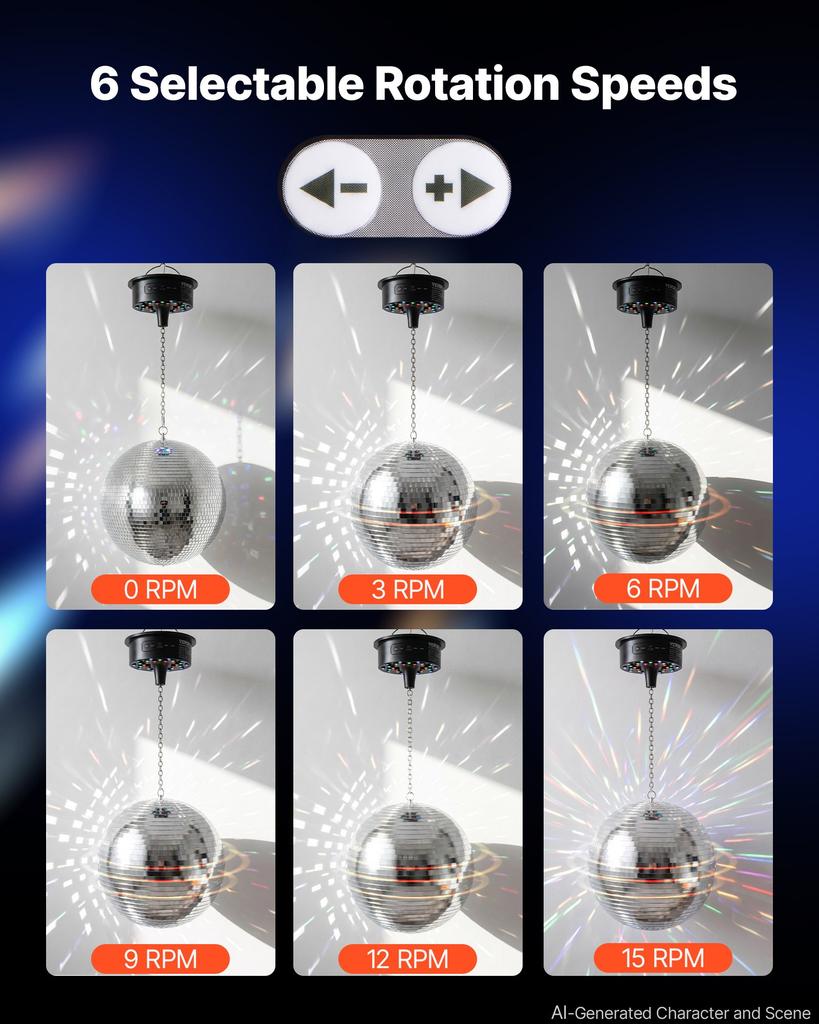 VEVOR Mirror Disco Ball 300 mm Hanging Ball with Motor Remote LED Lights, for Party Home Decoration Stage Props DJ Dance Club, RGB + 3 Mixed Colors
