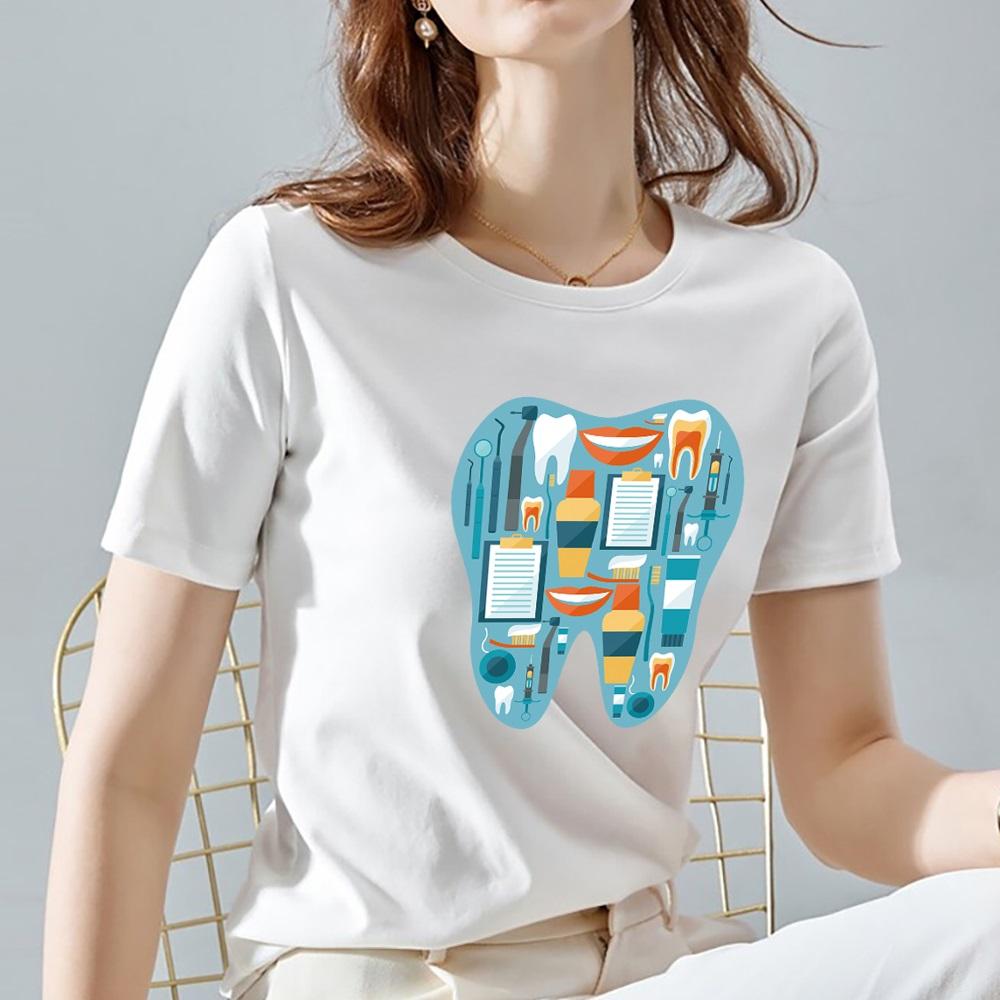 Женская футболка с милым рисунком зубов в стиле Харадзюку, футболка с круглым вырезом, белая уличная классическая универсальная футболка с коротким рукавом 2022