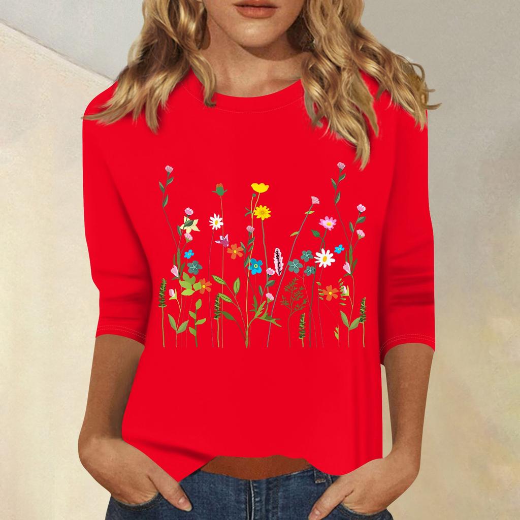 Women's Fashion Casual Printed Seven Sleeve Round Neck Top