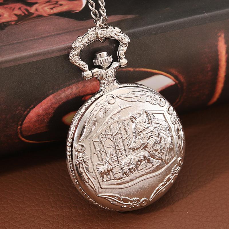 Classic Vintage Silvery Wolf Pocket Watch with Necklace Chain Cool Pendant Clock Gift for Women Men