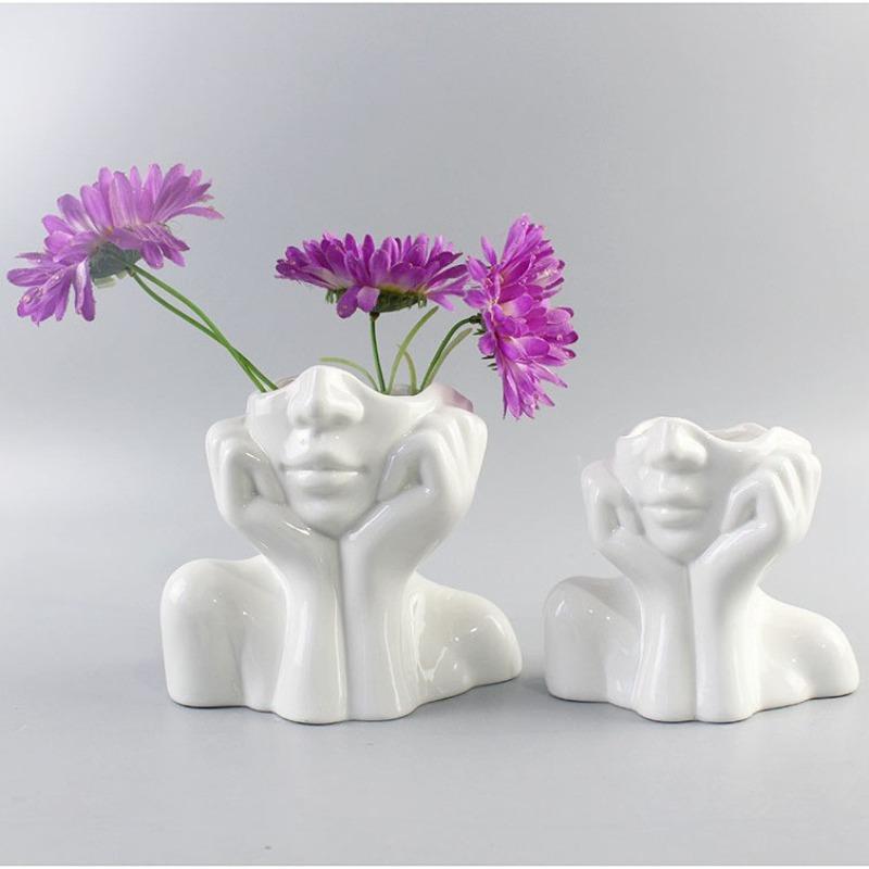 Face Vase White Girl Flower Vase for Home Decor, Modern Ceramic Figurines Vase, Sculpture Art Decorations for Living Room Centerpiece Table Wedding