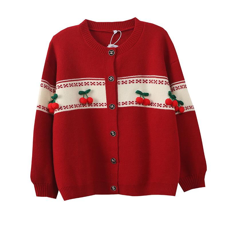 Large size women's clothing winter new lazy wind single-breasted New Year's wear red knitted cardigan 111999