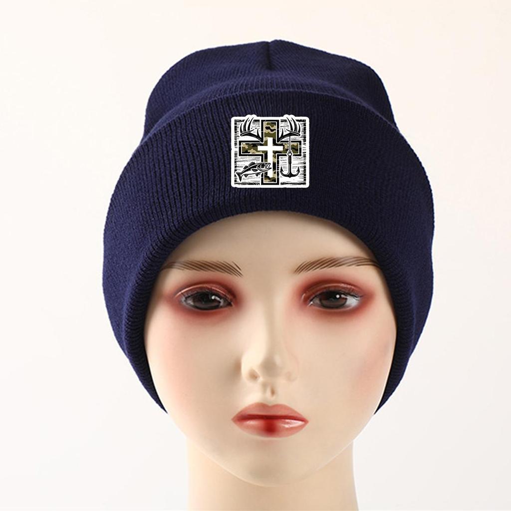 Crucifix Staghorn Fish Anchor Print Knitted Hat Beanie, Man Cap Warm Cozy Stylish Bonnet Knitted Cap Beanie