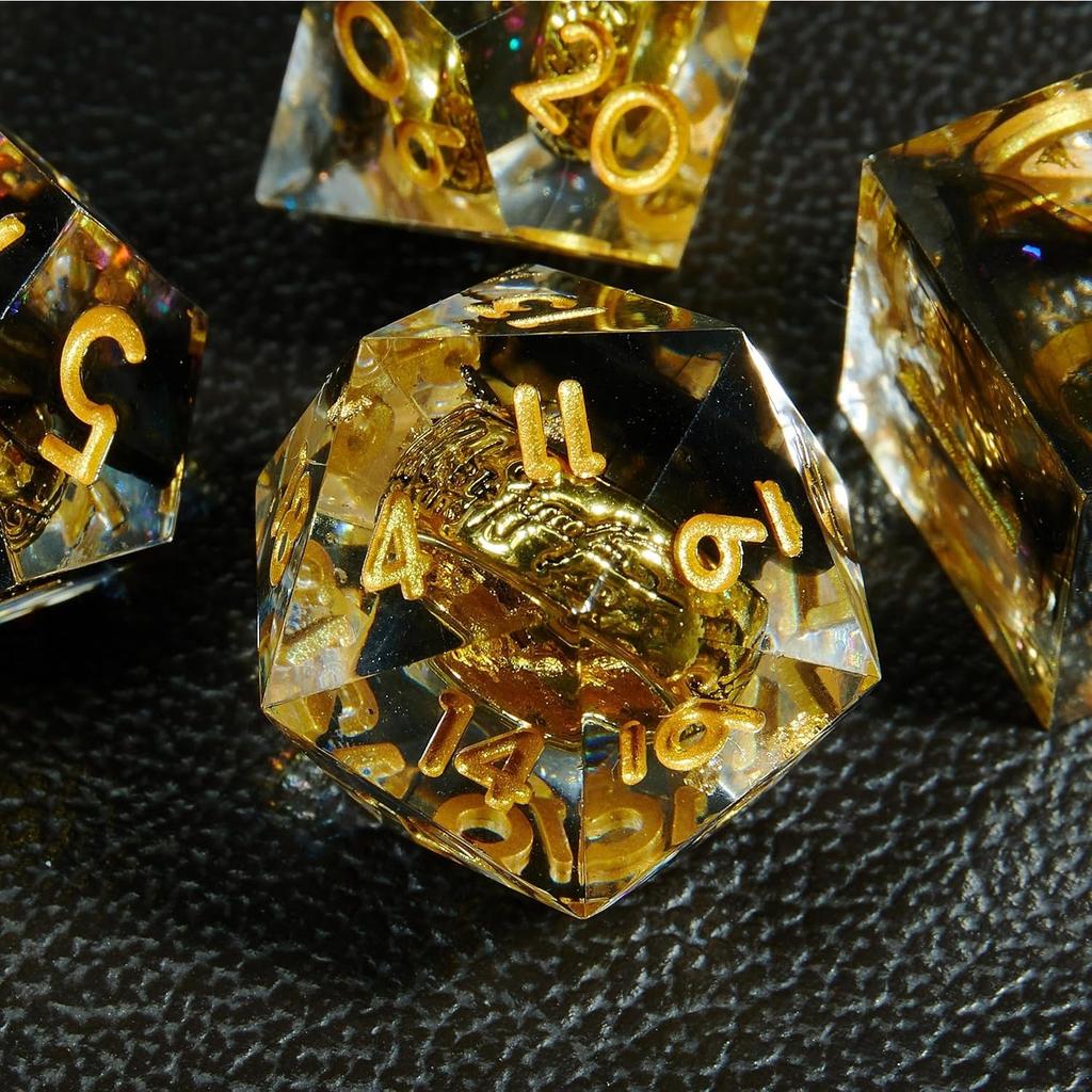 DND Dice Set Magic Rings Sharp Edge Resin Dice with Metal Box, Transparent Dice Handmade Lightning Polyhedral for RPG, MTG Dice Pathfinder Shadowrun