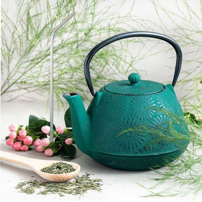 Théière en fonte Hanami vert émeraude 1,2 L + 4 pailles en inox