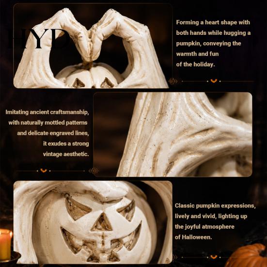 Creative Tricky Desktop Decor Gothic Skeleton Heart Hand Sculpture, Spooky Halloween Resin Abstract Pumpkin Statue, Style Interior Ornament
