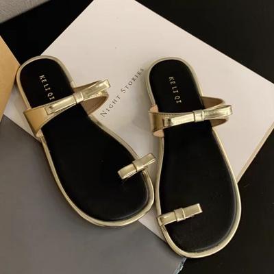 Модные плоские тапочки, летние, новые, с круглым носком, бантом, пляжные, с мягкой подошвой, нескользящие, износостойкие сандалии