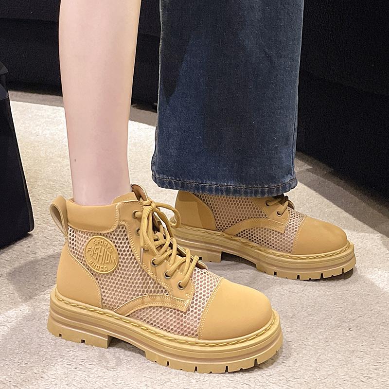 Ботильоны из дышащей сетки для женщин, модные желтые повседневные туфли на молнии со шнуровкой, женские ботинки на плоской платформе